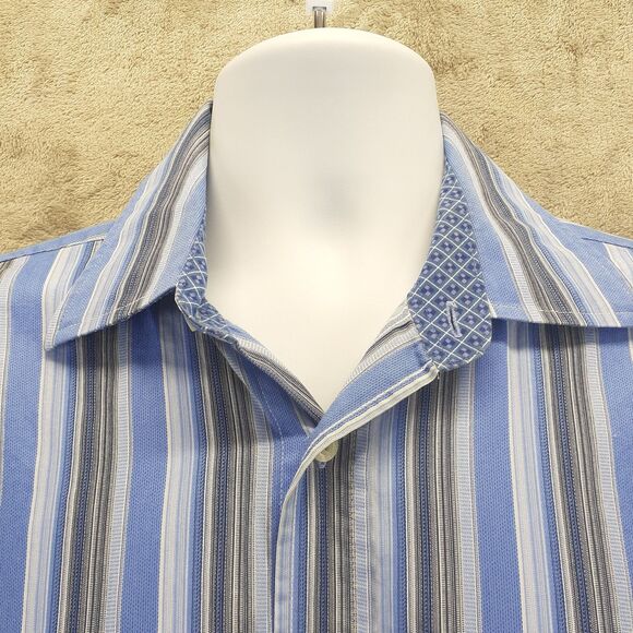 Bugatchi Uomo Mens Button Down Shirts Blue White Striped Flip Cuffs Size L - Picture 5 of 12